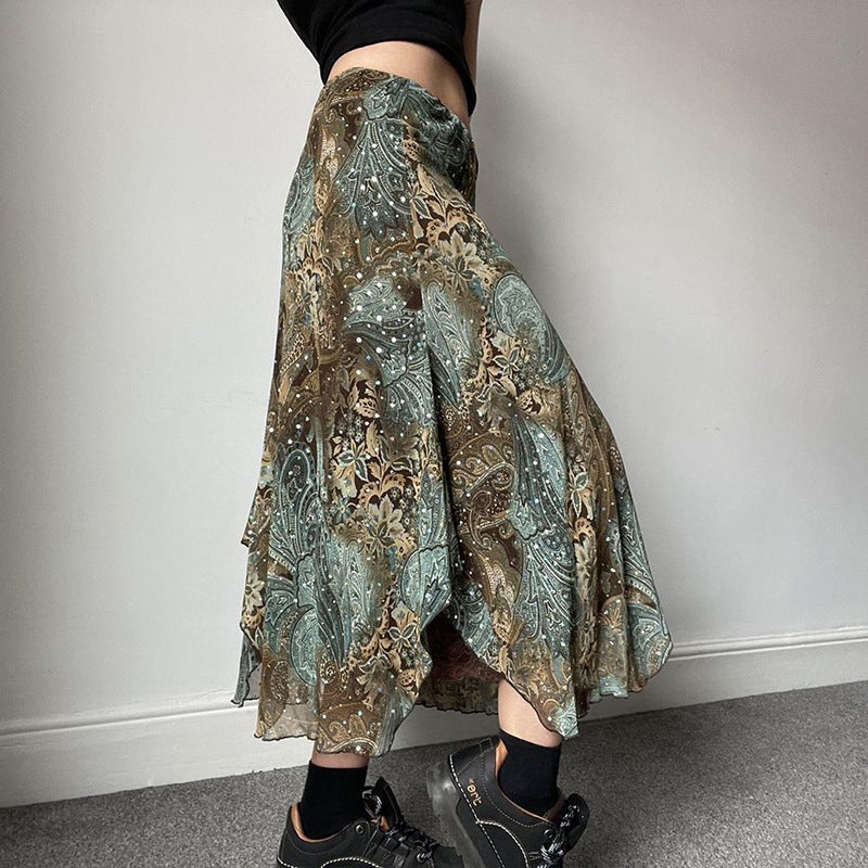 hoco outfits for guys Women's Retro American Style Contrast Color Pattern Irregular Skirt Double-Layer Stitching Design Long Skirt