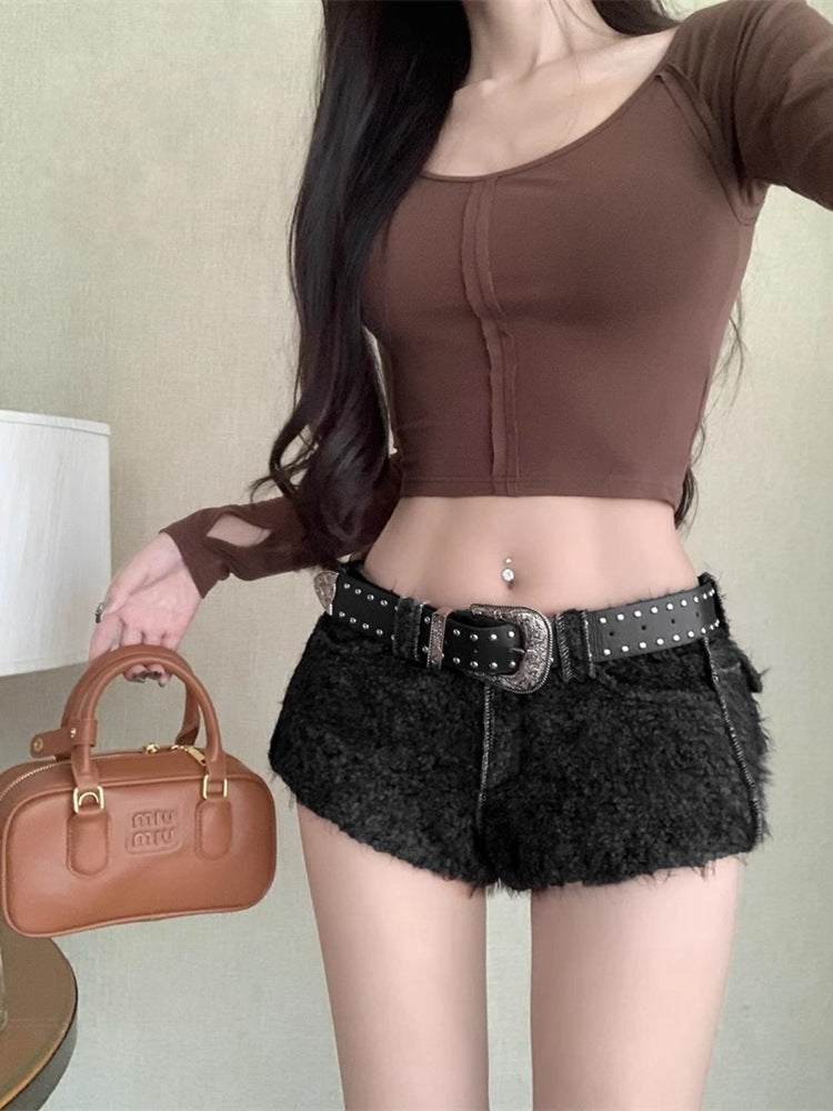 y2k outfits Sweet Cool Style Sexy Hot Pants for Hot Girls Low Waist and Long Legs Women's Autumn Retro Versatile Slimming Woolen Shorts Small