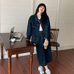 senior jeans Retro Denim Coat + Skirt Suit Spring and Autumn New Hong Kong Style Chic Niche Coat Fried Street Long Sleeve Women's Clothing