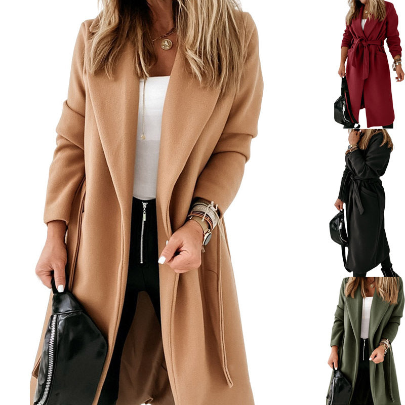 business casual outfits 2024 Autumn and Winter New Extended Woolen Women's Coat plus Size Lace-up Coat