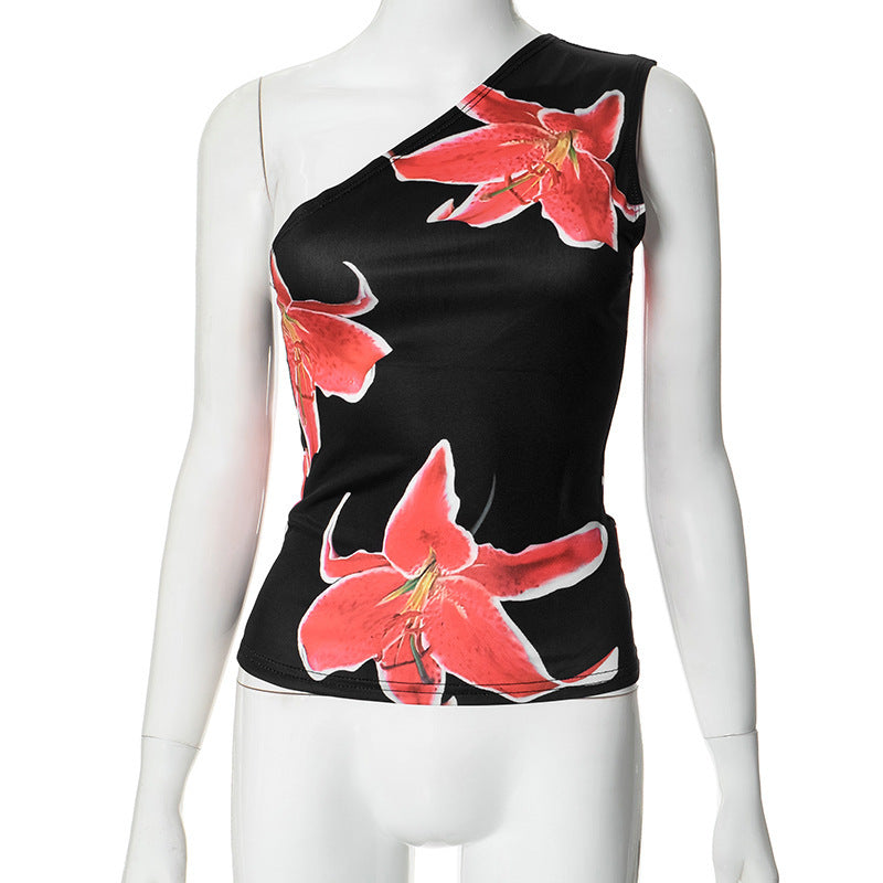 y2k Floral Print Oblique Collar One-Shoulder Sleeveless Vest Top for Women Summer New