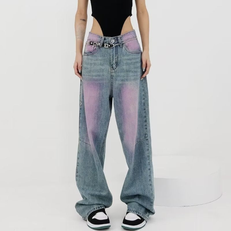 dream clothes American-Style High Street Washed Vintage Jeans Women's Summer New High-Grade Spray-Dyed Graffiti Straight Wide-Leg Mop Pants