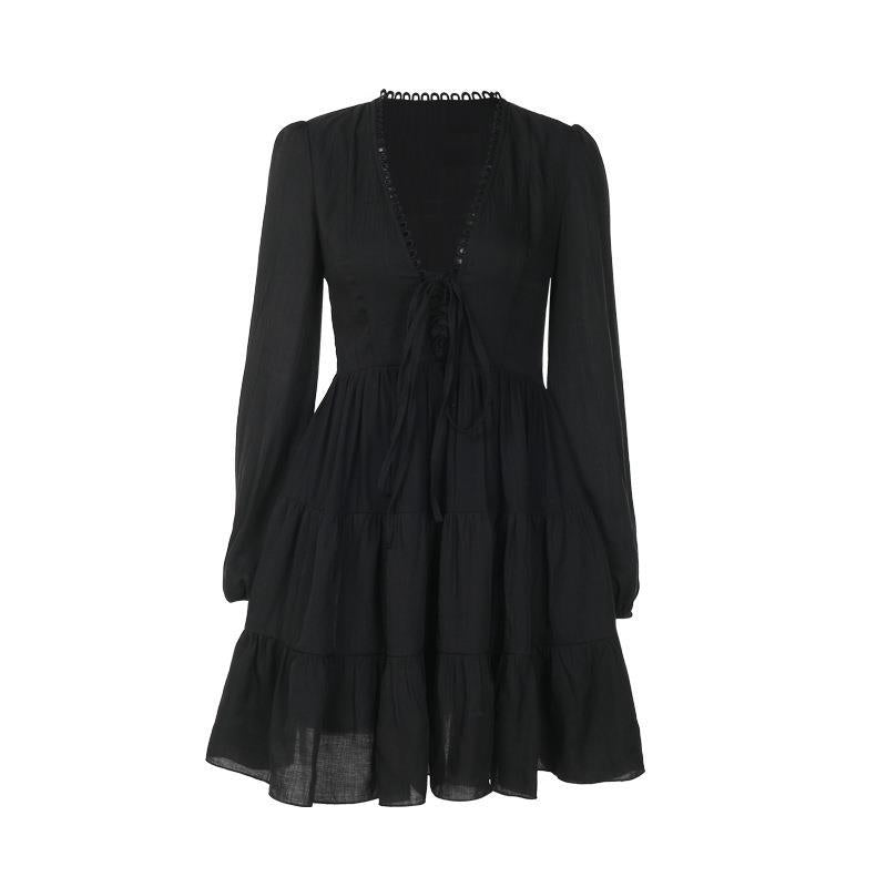 leapord halloween outfit Autumn Style Elegant Sexy Slim-Fit Slimming Lace-up V-neck Dress Female