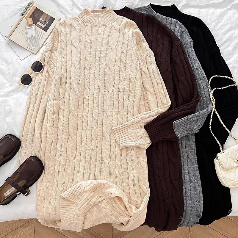 long sweater dress outfit Lazy Style Thick Twist over-the-Knee Sweater Dress Women's Winter Mid-Length round Neck Thickened Knitted Dress