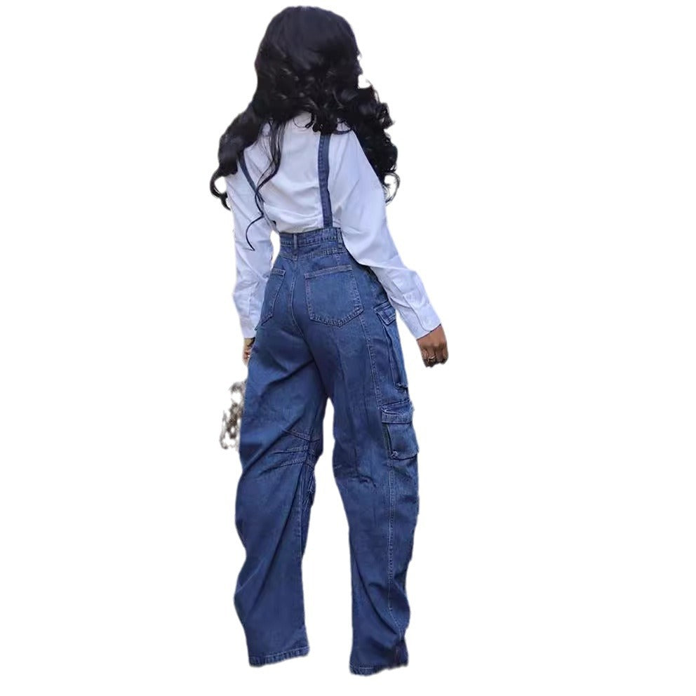 grunge outfits 2024 New Fashion Women's Loose Denim Suspender Pants Summer Street High Waist Multi-Pocket One-Piece Trousers