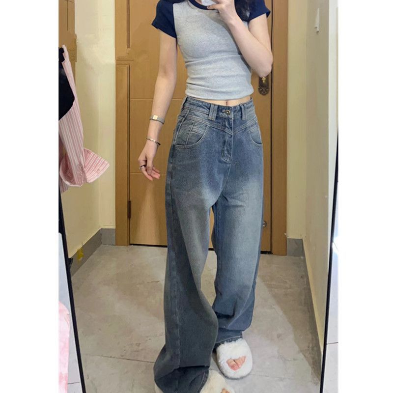 winter outfits men Nostalgic Blue Wide-Leg Jeans Retro Loose Draping Starry Sky Pattern High Waist Mopping Pants for Women