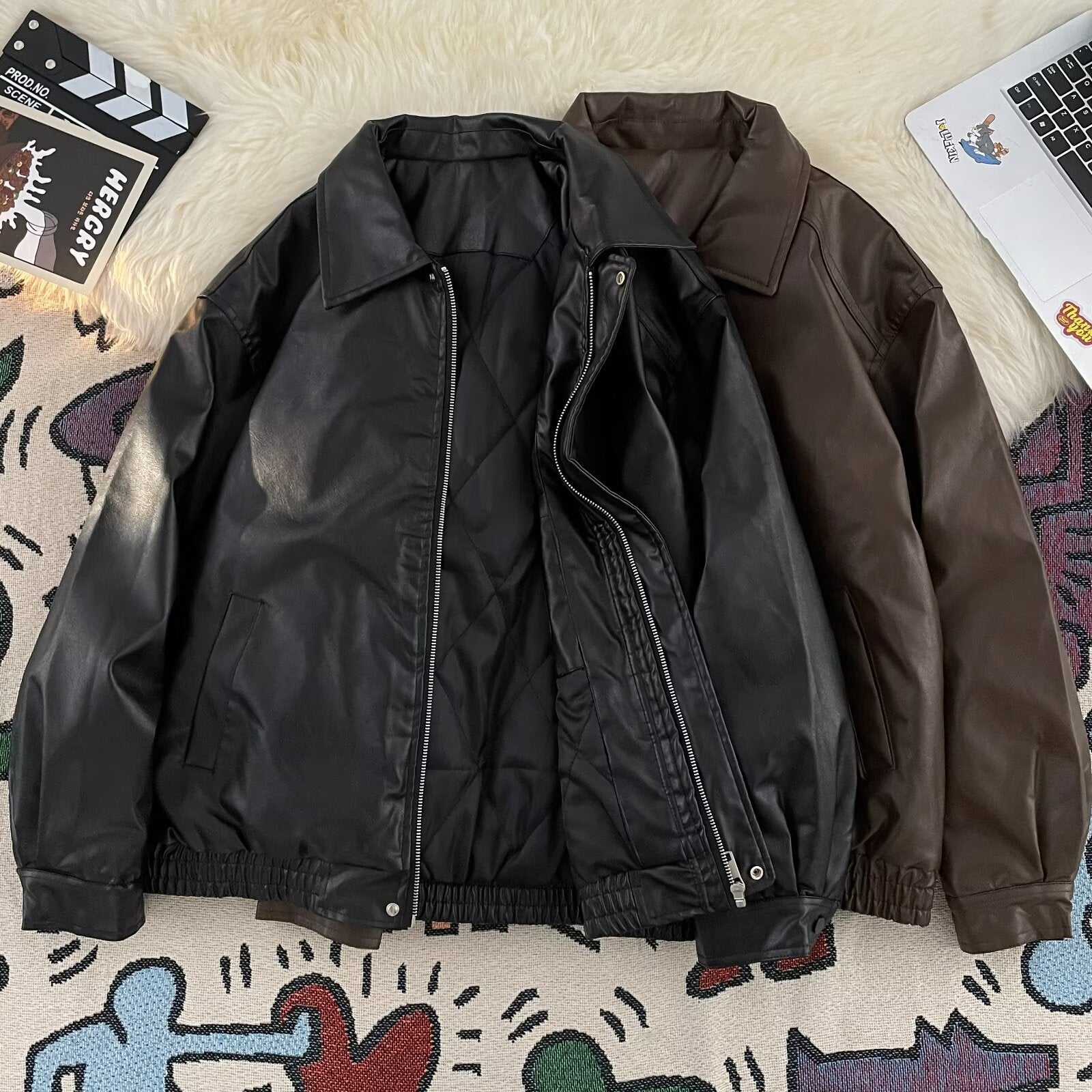 women’s outfits American High Street Cotton and Thickening Leather Coat Men's Loose plus Size Motorcycle Style Leather Coat High-Grade Top