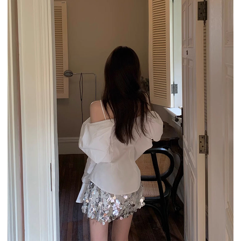 fall outfits Butterfly Shirt Wear off-Shoulder Bow Shirt