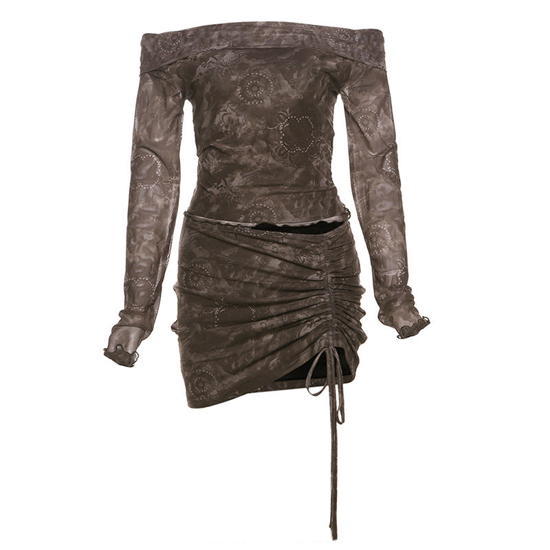 concert outfit Fall New Style Sexy Slim-Fit Navel off-Shoulder Top High Waist Drawstring Short Skirt Suit