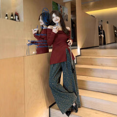 christmas costumes women French-Style off-Shoulder Split Long-Sleeved Sweater Women's Autumn Hot Girl Slim Bottoming Shirt Top