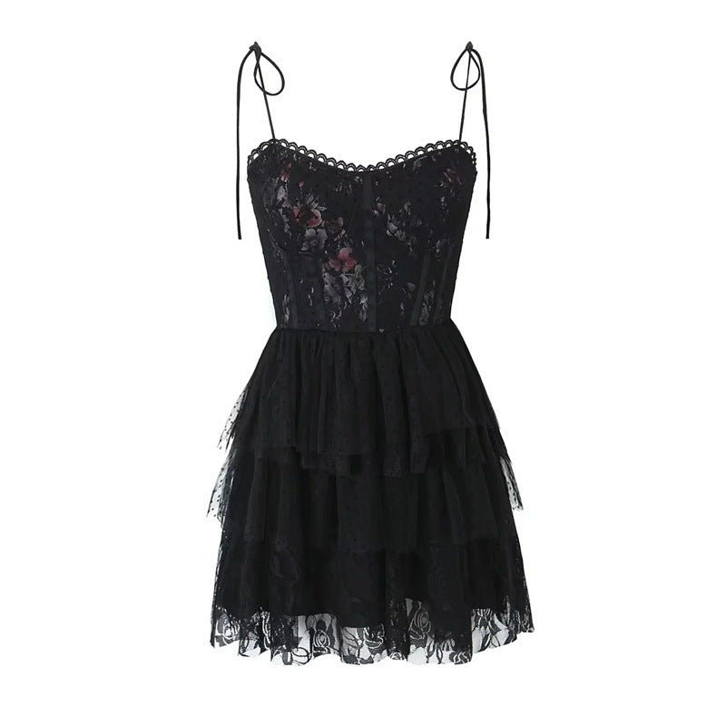 hoco dresses Heavy-Duty Lace Jacquard Mesh Printed Stitching Suspender Skirt Summer Slim Waist Layered Cake Skirt Dress Women