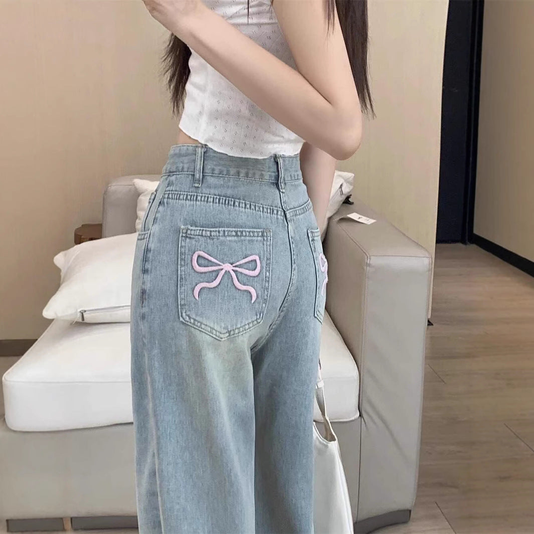 fashion outfits Women's Embroidered High Waist Straight Jeans with Bowknot Autumn and Winter Loose Slimming Casual Wide Leg Mopping Pants