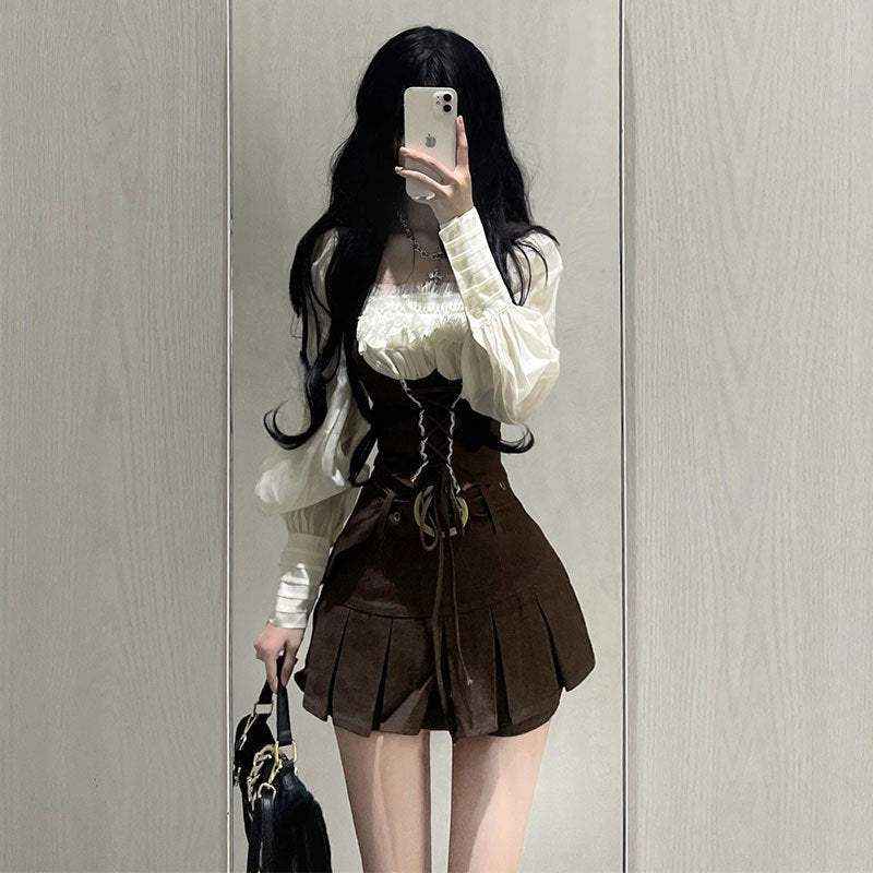 fbi agent costume Early Autumn Fashion Slimming Lantern Sleeve Fake Two-Piece Western Style Tight Waist Top High Waist Short Skirt Retro Two-Piece Suit