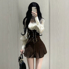 fbi agent costume Early Autumn Fashion Slimming Lantern Sleeve Fake Two-Piece Western Style Tight Waist Top High Waist Short Skirt Retro Two-Piece Suit