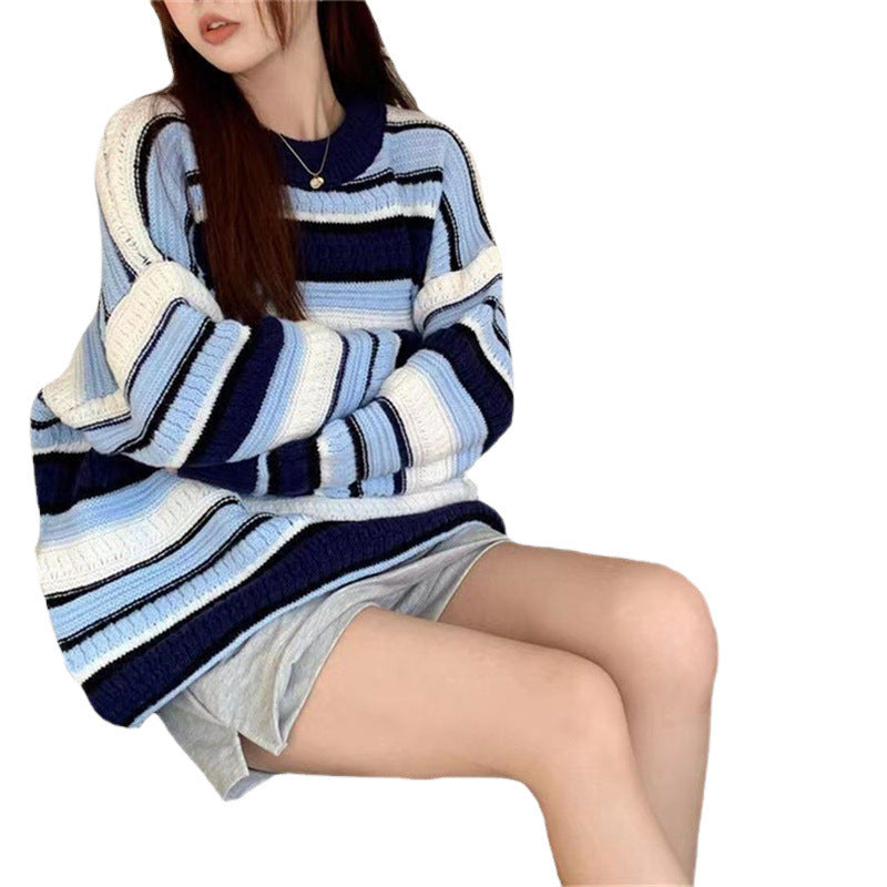 trio halloween costumes Gentle Style Soft Glutinous Striped Jacquard Pullover Women's Autumn and Winter Retro Loose Sweater Lazy Style Top