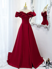 BXOXO Burgundy Off Shoulder Satin Long Prom Dress, Burgundy Formal Evening Dress