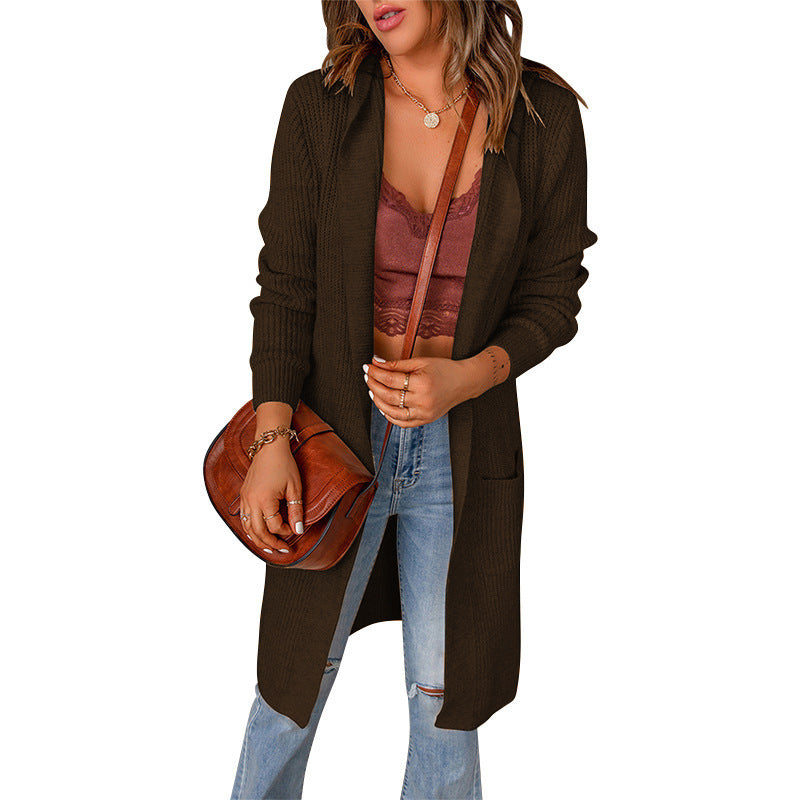 Fashion Autumn and Winter New Solid Color Hooded Coat Women's Mid-Length Shirt Long Sleeve Sweater