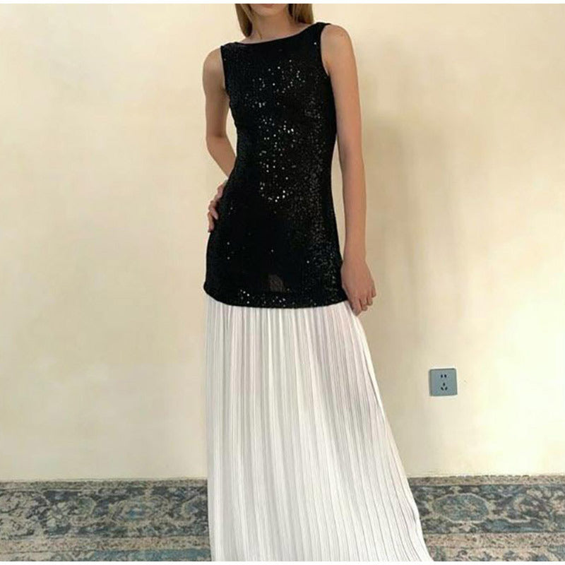 frat outfits Sleeveless Backless Sequined Stitching Color Block Maxi Dress Fashion Women Party Elegant Maxi Dress