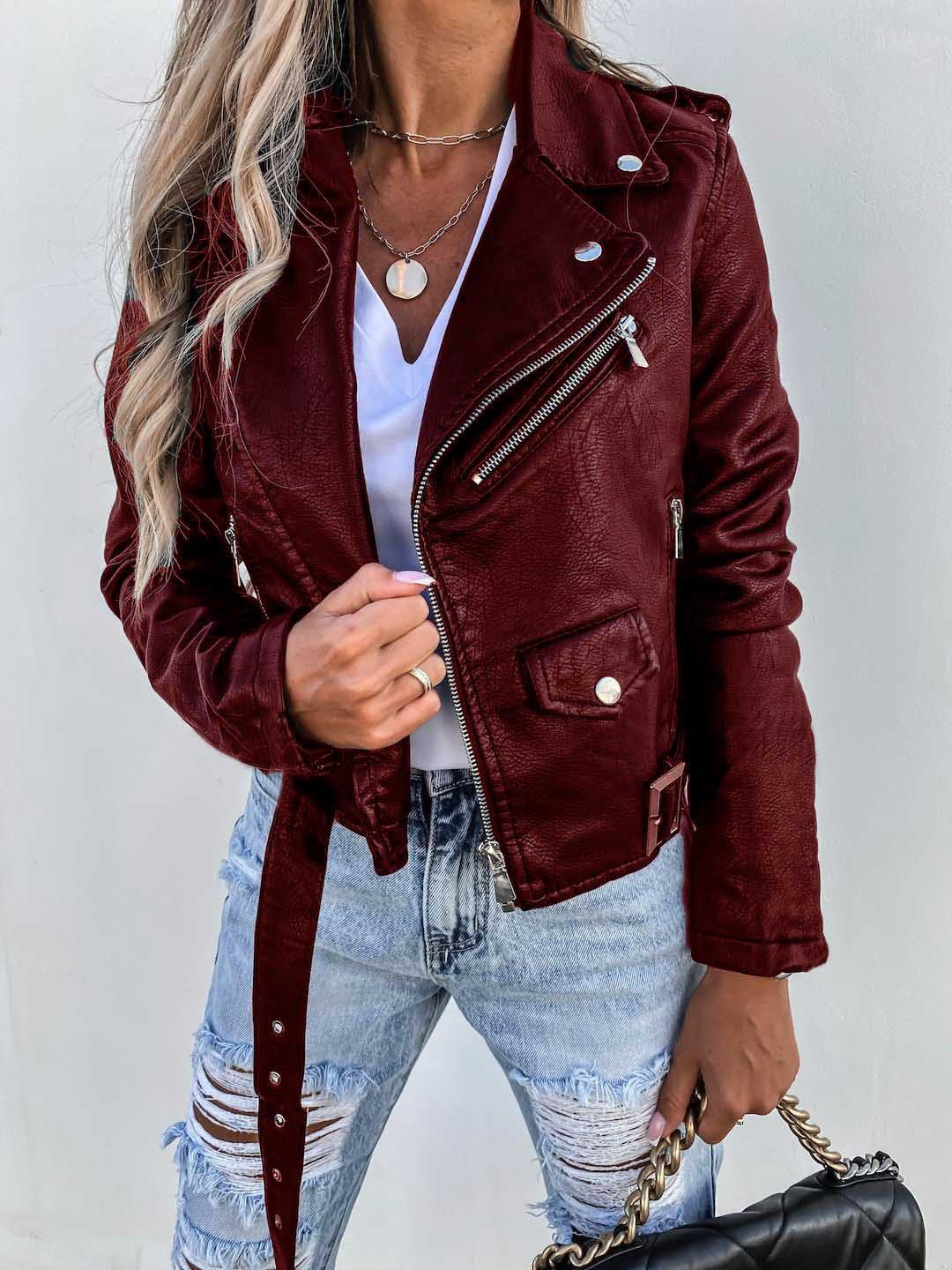 2000s fashion Women's Clothing New Spring and Summer Jacket PU Leather Coat Motorcycle Short Zipper