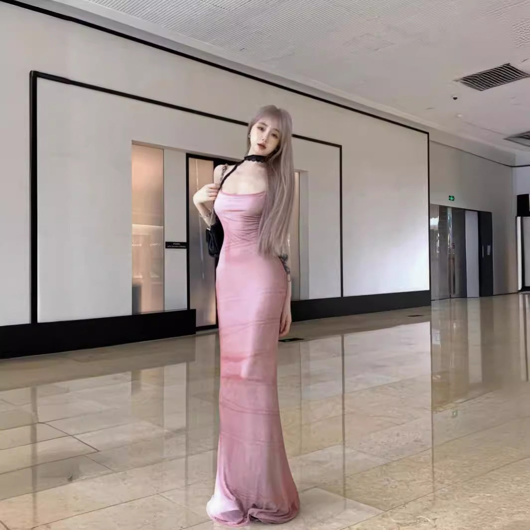 prom dresses Mesh Sling Dress Women's Summer Elegant Waist Slimming Sheath Dress Long Skirt