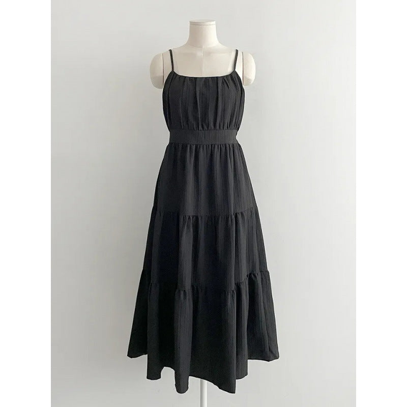 church outfit Chic Korean Style Summer French Gentle Sweet Square Collar Pleated Holiday Casual Cake Skirt Sling Dress
