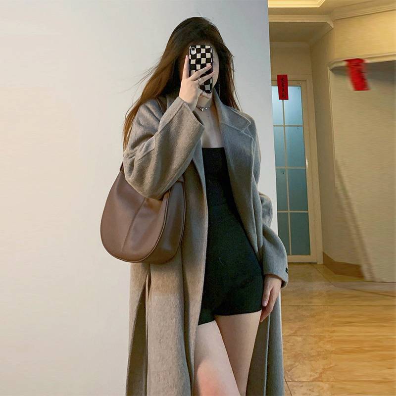 simple winter outfits Maillard Double-Sided Fleece Mid-Length over-the-Knee Woolen Coat Women's Small Slimming Autumn and Winter Woolen Coat Fashion