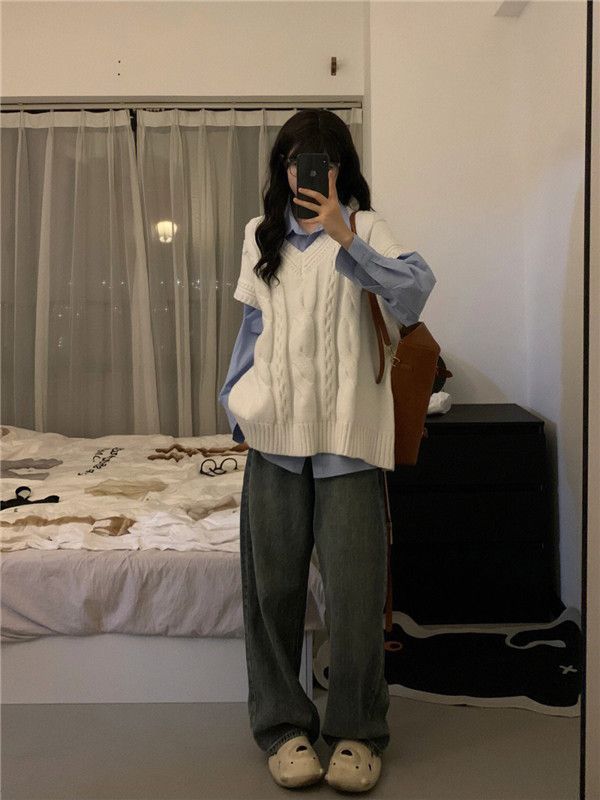 outfit inspo fall Two-Piece College Style Long Sleeve Blue Shirt + White V-neck Stacked Twist Knitted Vest for Female Students