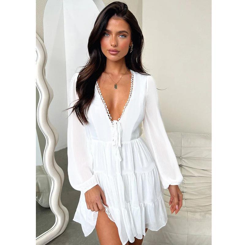leapord halloween outfit Autumn Style Elegant Sexy Slim-Fit Slimming Lace-up V-neck Dress Female
