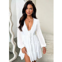 leapord halloween outfit Autumn Style Elegant Sexy Slim-Fit Slimming Lace-up V-neck Dress Female