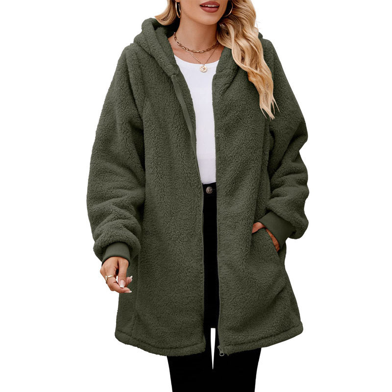 Winter New Loose Plush Women's Long-Sleeved Hooded Zipper Cardigan Jacket