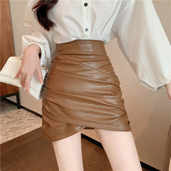 y2k outfits PU Leather Skirt Pleated Skirt Women's Autumn Hot Girl Hip Skirt Slightly Fat Girl Sexy A- line Skirt