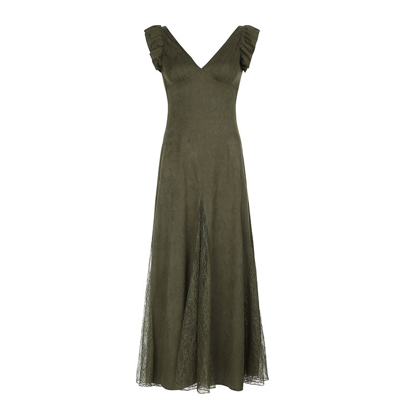 prom dresses Mori Vintage Lace Stitching See-through V-neck Dress Summer American Fashion Small Flying Sleeve Dress
