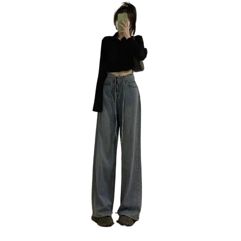 joker costume female outfit American Retro Straight Jeans Women's Spring High Waist Lace-up Wide Leg Draping Mop Pants