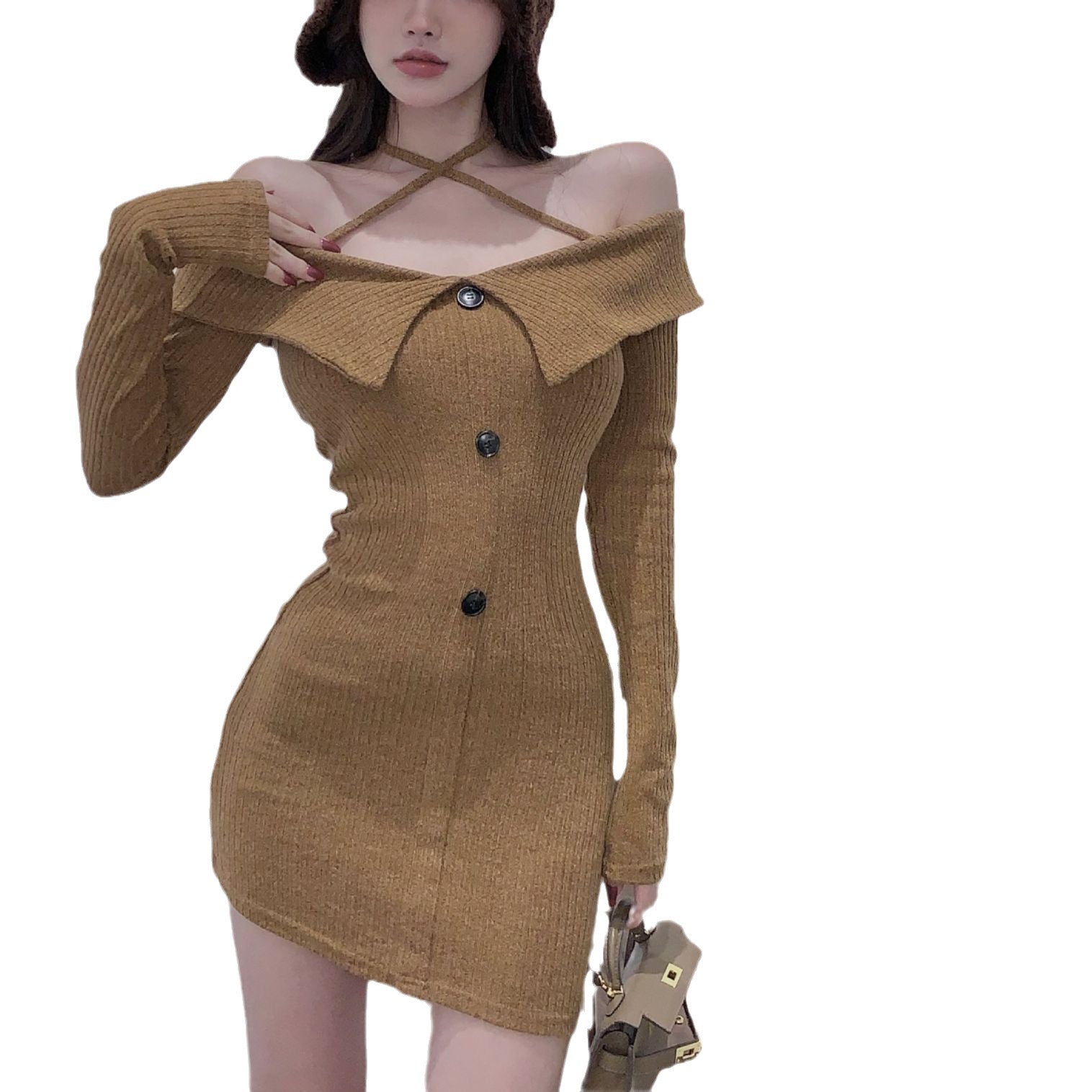 outfit inspo Autumn and Winter New Pure Desire Style Sexy off-Shoulder Halter off-the-Collarbone Slim Knit Long Sleeve Dress