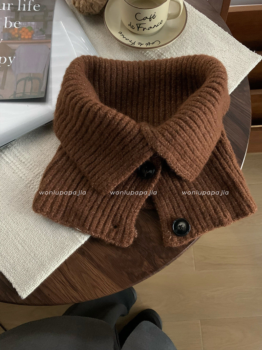 winter outfits women Dark Green Wool Pullover Shawl Button Scarf Collar Women's Autumn and Winter Scarf Korean Style Solid Color Neck Protection Knitted Shawl