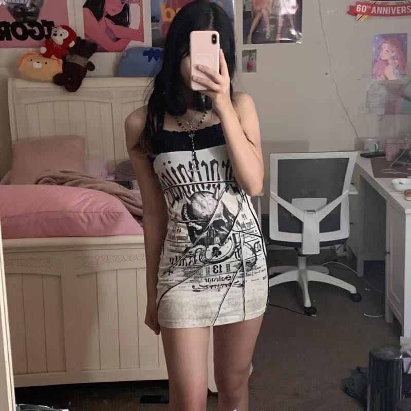 2000s fashion Culture Punk Hot Girl Gothic Dark Skull Stitching Strap Slim Fit Dress Hip Skirt