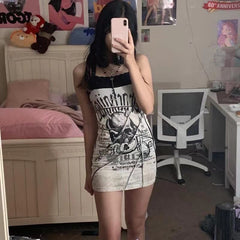 2000s fashion Culture Punk Hot Girl Gothic Dark Skull Stitching Strap Slim Fit Dress Hip Skirt