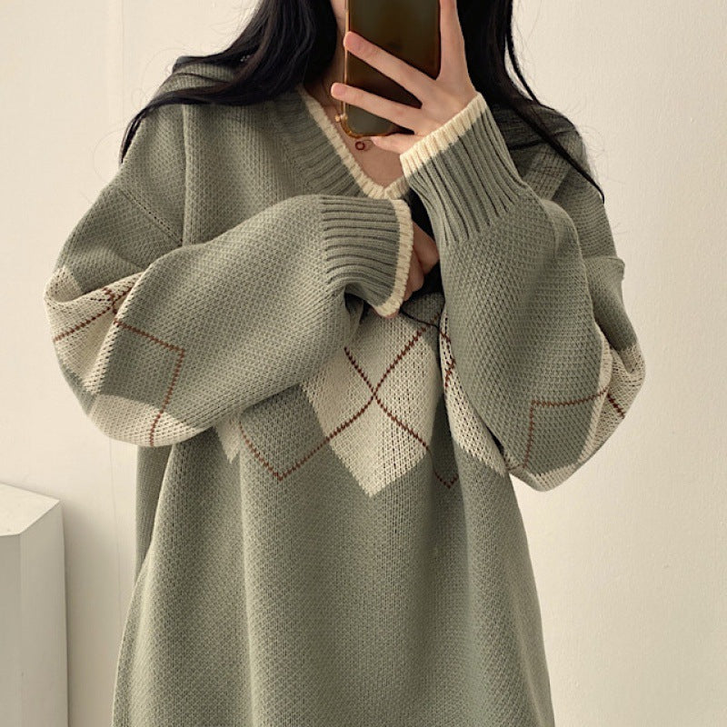 tyler the creator outfits Rhombic Loose Pullover Sweater Women's Early Spring Korean Style round Neck Long Sleeve Top Coat Fashion