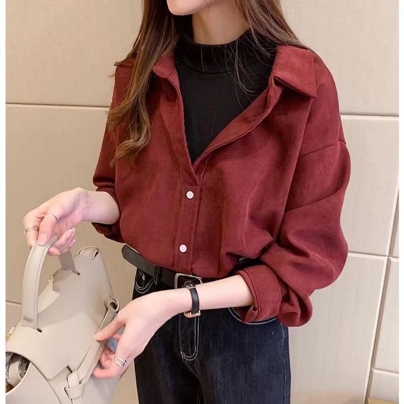 casual outfits Fake Two-Piece Top Western Style Autumn and Winter Long Sleeve New Loose Niche Shirt Outer Wear Thickened Bottoming Shirt