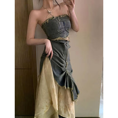 fall trends 2024 outfits [Two-Piece Set] Hot Girl Irregular Tube Top Denim + Distressed Tie-Dye Stitching Skirt Suit