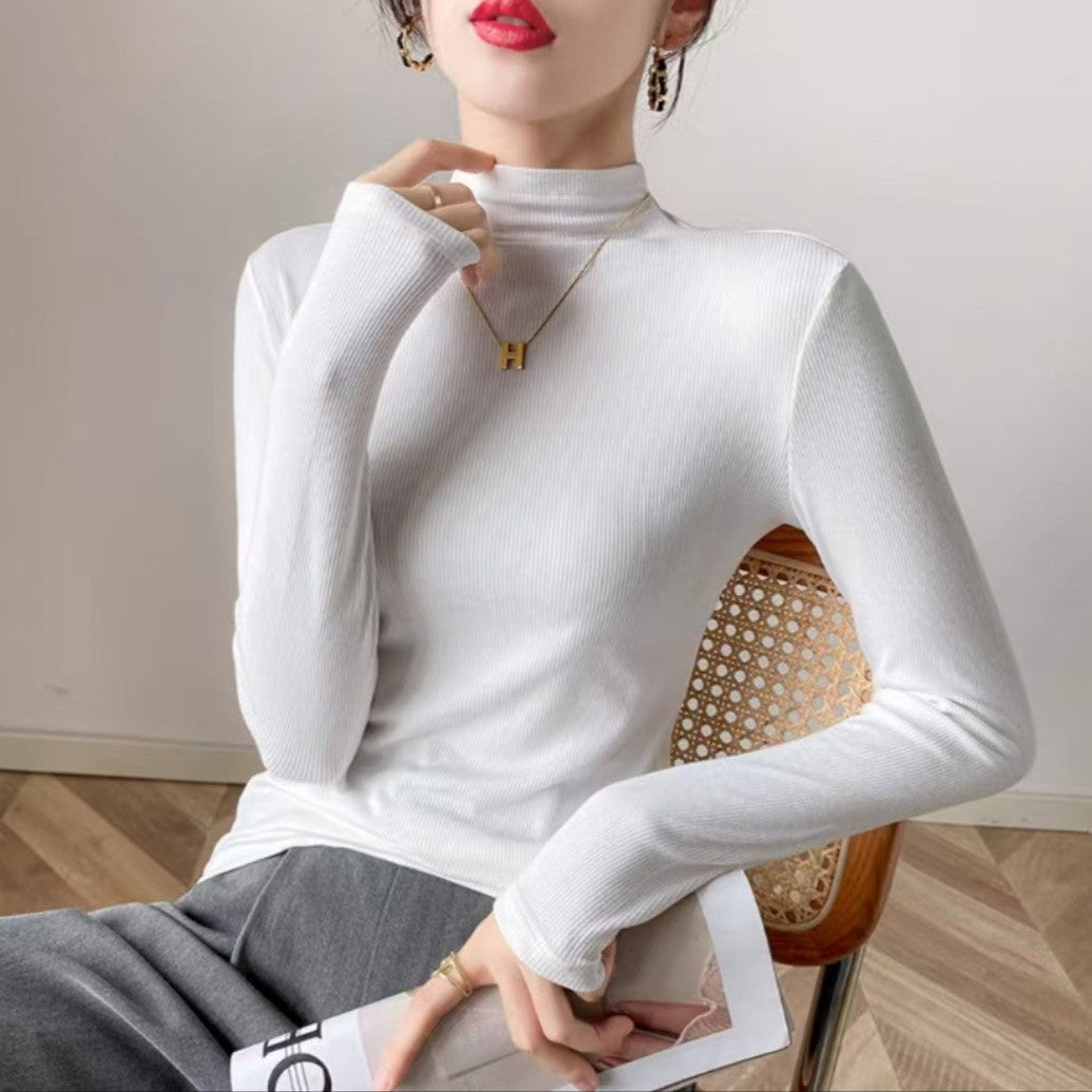 outfit inspo Deep Flower Gray Long-Sleeved T-shirt Women's Autumn and Winter Half Turtleneck Bottoming Shirt Inner Slim Thread Knitted Top 2024 New