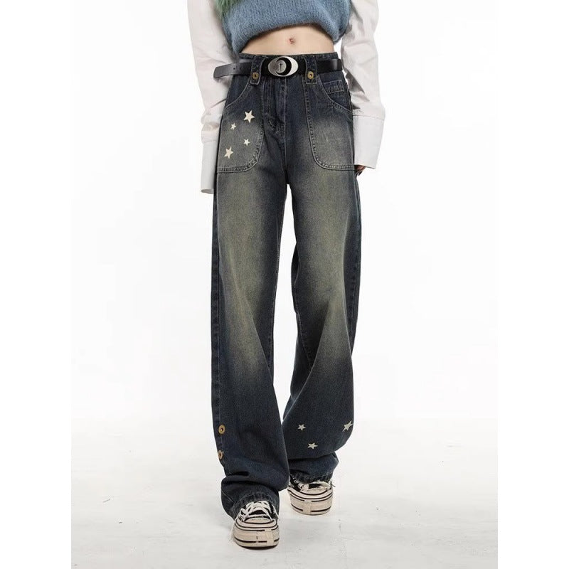 shamar American High Street Star Straight Jeans Women's Spring and Summer High Waist Loose Slimming Wide Leg Pants Fashion