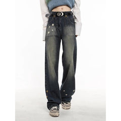 shamar American High Street Star Straight Jeans Women's Spring and Summer High Waist Loose Slimming Wide Leg Pants Fashion