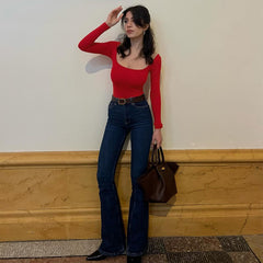 outfit inspo fall Women's Clothing American Hot Girl Style Autumn New Solid Color Square Collar Long Sleeve Tight Undershirt Top