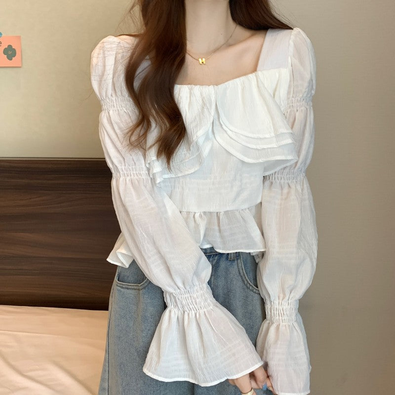 fall outfits women White Bell Sleeve Top Women's Clothing Spring Shirt Ruffled Square Collar Shirt Niche