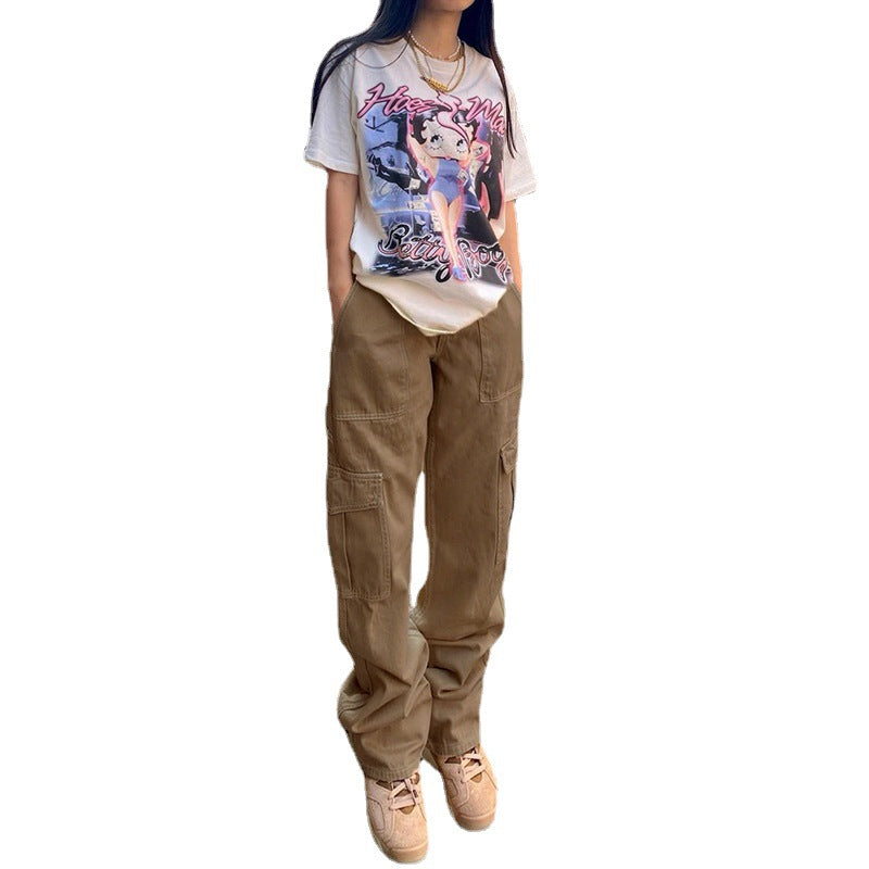 college outfits Women's Street Fashion Multi-Pocket Workwear Straight Trousers High Waist Slimming Loose Khaki Jeans for Women