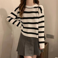 joker costume female outfit round Neck Striped Knitted Bottoming Shirt Sweater Women's Autumn and Winter Fashion Japanese Style Lazy Style Loose Pullover Top