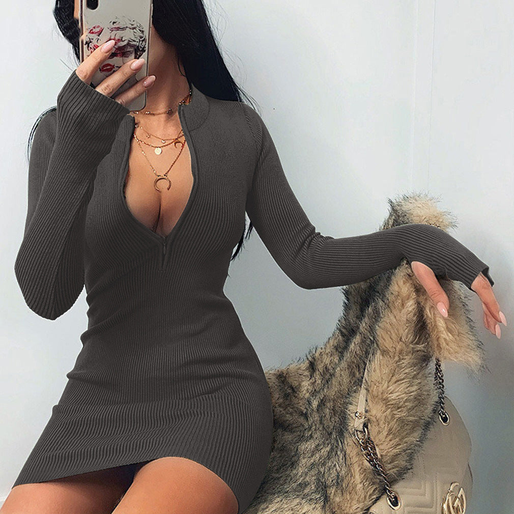 dress to impress outfits Autumn and Winter Women's Neckline Zipper All-Match Sexy Long-Sleeved Dress Slim-Fit Hip Skirt