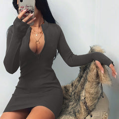 dress to impress outfits Autumn and Winter Women's Neckline Zipper All-Match Sexy Long-Sleeved Dress Slim-Fit Hip Skirt