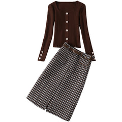 fall outfits Autumn Women's round Neck Knitted Slim Top Plaid with Belt Skirt Casual Suit